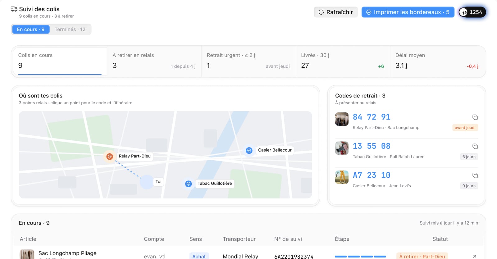 Le suivi des colis dans Klintt : les colis en cours, la carte des points relais, et les codes de retrait prêts à montrer.